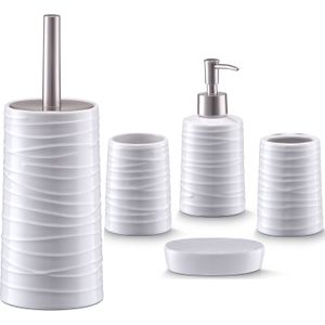 Zeller badkamer accessoires set 5-delig - keramiek - wit - wave relief