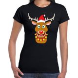 Foute Kerst t-shirt met rendier Rudolf rode muts zwart voor dames