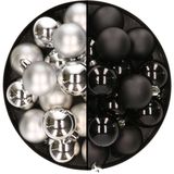 32x stuks kunststof kerstballen mix van zilver en zwart 4 cm - Kerstversiering