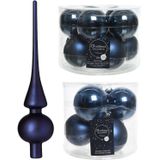 Compleet glazen kerstballen pakket donkerblauw glans/mat 32x stuks met piek mat - 20x 6 cm - 12x 8 cm