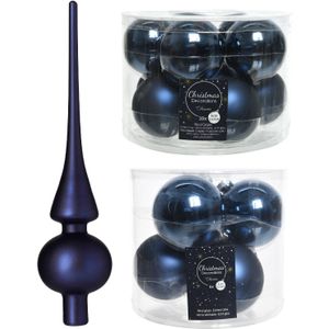 Compleet glazen kerstballen pakket donkerblauw glans/mat 32x stuks met piek mat - 20x 6 cm - 12x 8 cm