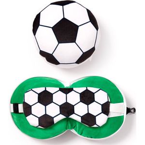 Relaxeazzz Voetbal thema reis set - knuffel/reiskussen/slaapmasker - 2-in-1 set - voor kinderen - in vliegtuig of auto