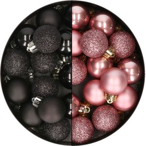 28x stuks kleine kunststof kerstballen zwart en velvet roze 3 cm - kerstversiering