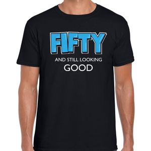 Fifty and still looking good Abraham cadeau t-shirt / shirt - zwart met witte en blauwe letters - 50 jaar kado shirt voor heren - Abraham / Verjaardag cadeau voor vijftiger