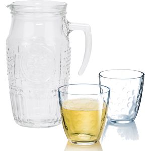 Bormioli Rocco schenkkan/waterkan van glas 1,8 liter met 6x stuks waterglazen van 250 ml