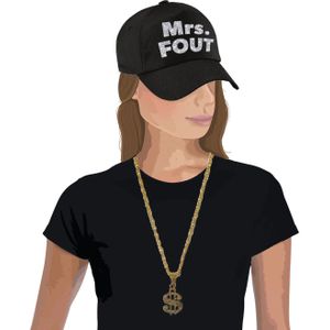 Foute party Mrs. FOUT verkleed set pet zwart/zilver voor dames met een plastic zilveren dollar ketting