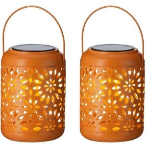 2x stuks solar lantaarn ijzer oranje met hengsel 17 cm - Tuinlantaarns - Solarverlichting - Tuinverlichting