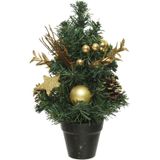 2x stuks mini kunst kerstbomen/kunstbomen met gouden versiering 30 cm - Miniboompjes/kleine kerstboompjes