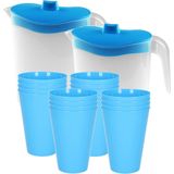 16x kunststof drinkbekers 430 ML met 2x stuks schenkkannen set transparant/blauw van 2.5 liter - Verjaardag/camping/tuin