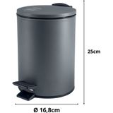 Spirella Pedaalemmer Cannes - donkergrijs - 3 liter - metaal - L17 x H25 cm - soft-close - toilet/badkamer