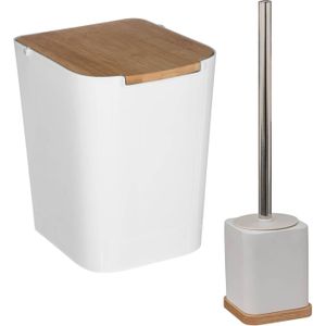 Badkamer/toilet accessoires set - WC-borstel in houder en prullenbak - wit - bamboe - 5 liter