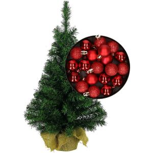 Mini kerstboom/kunst kerstboom H35 cm inclusief kerstballen rood - Kerstversiering
