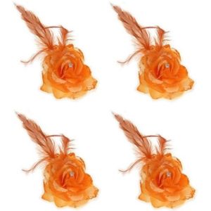 4x stuks oranje deco bloem met speld/elastiek - Oranje koningsdag supporters feestartikelen