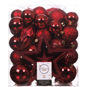 Decoris Kerstballen - 49x st incl. ster piek - rood - kunststof - 5, 6, 8 en 10 cm