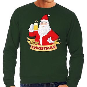 Foute Kersttrui / sweater - Merry Christmas kerstman met een pul bier / biertje - groen voor heren - kerstkleding / kerst outfit
