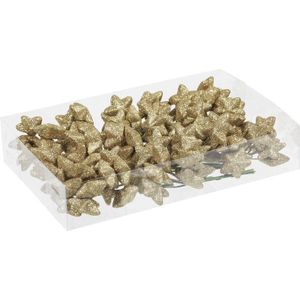 108x Gouden glitter mini sterretjes stekers kunststof 4 cm - Kerststukje maken onderdelen