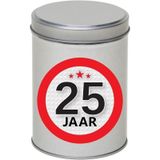 Cadeau/kado zilver rond blik 25 jaar 13 cm - Snoepblikken - Cadeauverpakking voor verjaardag