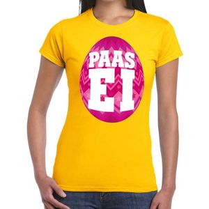 Geel Paas t-shirt met roze paasei - Pasen shirt voor dames - Pasen kleding