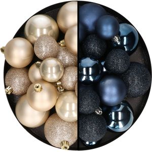 Kerstballen 60x stuks - mix donkerblauw/champagne - 4-5-6 cm - kunststof - kersversiering