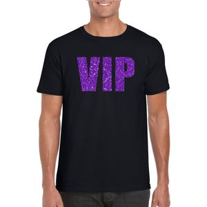 Toppers Zwart VIP t-shirt met paarse glitter letters heren - VIP/glamour kleding