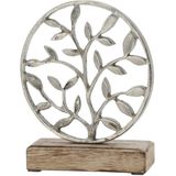 Decoratie levensboom rond van aluminium op houten voet 20 cm zilver - Tree of life