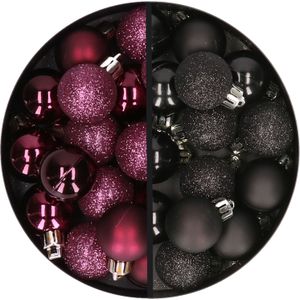 Kerstballen 34x st - 3 cm - aubergine paars en zwart - kunststof