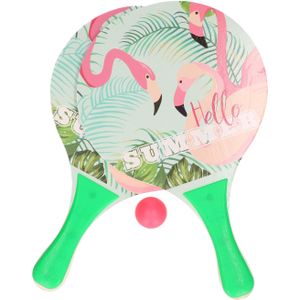 Groene beachball set met flamingoprint buitenspeelgoed - Houten beachballset - Rackets/batjes en bal - Tennis ballenspel