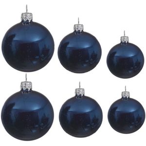 Compleet glazen kerstballen pakket donkerblauw glans 16x stuks - 6x 6 cm - 6x 8 cm - 4x 10 cm