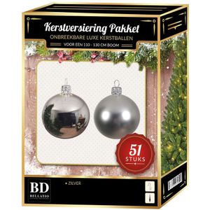 Kerstbal en ster piek set 51x zilver - voor 120 cm boom - Kerstboomversiering zilver