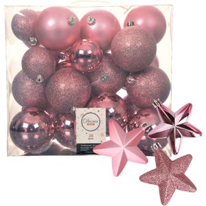 Kerstballen en sterren ornamenten - set 32x stuks - kunststof - roze