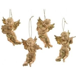 4x Gouden engelen met muziekinstrumenten kerstversiering hangdecoratie 10 cm - Kerstversiering/decoratie