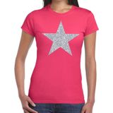 Zilveren ster glitter t-shirt fuchsia roze dames - shirt glitter ster zilver