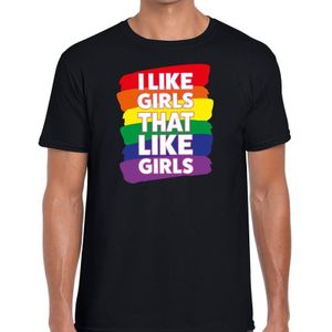 I like girls that like girls - gay pride t-shirt zwart met regenboog afbeelding voor heren - gaypride kleding