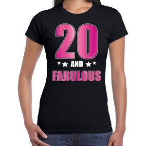 20 and fabulous verjaardag cadeau t-shirt / shirt - zwart met roze en witte letters - voor dames - 20ste verjaardag kado shirt / outfit