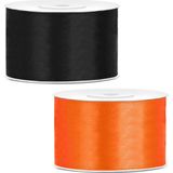 Sierlinten/cadeaulinten/satijnen linten - Set 2x stuks - zwart en oranje - 38 mm x 25 meter