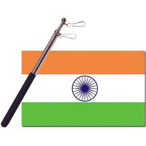 Landen vlag India - 90 x 150 cm - met compacte draagbare telescoop vlaggenstok - zwaaivlaggen