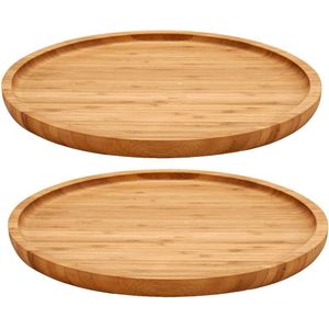2x stuks voedsel/hapjes platte serveerplank van bamboe rond 25 cm met opstaande rand