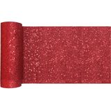 Santex Kerstdiner glitter tafelloper smal op rol - 2x - rood - 18 x 500 cm - polyester