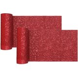 Santex Kerstdiner glitter tafelloper smal op rol - 2x - rood - 18 x 500 cm - polyester
