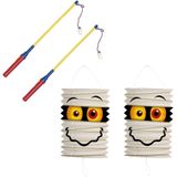 Set van 2x stuks treklampion 16 cm mummie met lampionstokjes - Halloween trick or treat lampionnen versiering