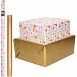 6x Rollen kraft inpakpapier happy birthday pakket - goud 200 x 70/50 cm - cadeau/verzendpapier