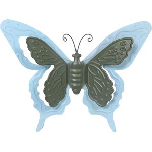 Mega Collections tuin/schutting decoratie vlinder - metaal - blauw - 24 x 18 cm
