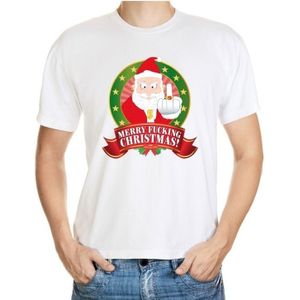 Foute kerst shirt wit - Gangster Kerstman - Merry Fucking Christmas - voor heren