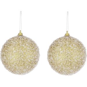 2x Gouden kunststof kerstballen met witte sneeuw afwerking 8 cm - Kerstboomversiering/kerstversiering/boomversiering