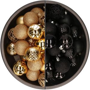 Bellatio Decorations Kerstballen mix - 74-delig - goudkleurig en zwart - 6 cm - kunststof