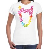 Bellatio Decorations Tropical party T-shirt voor dames - bloemenkrans - wit - carnaval/themafeest