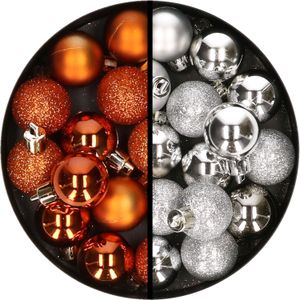 Kerstballen 34x st - 3 cm - oranje en zilver - kunststof