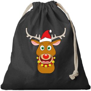 6x Kerst Rendier met kerstmuts cadeauzakje zwart met sluitkoord - katoenen / jute zak - Kerst cadeauverpakking zakjes