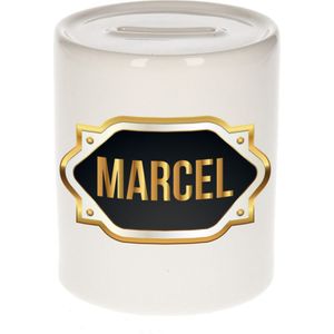 Marcel naam cadeau spaarpot met gouden embleem - kado verjaardag/ vaderdag/ pensioen/ geslaagd/ bedankt