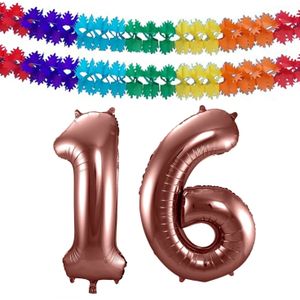 Folat folie ballonnen - Leeftijd cijfer 16 - brons - 86 cm - en 2x slingers